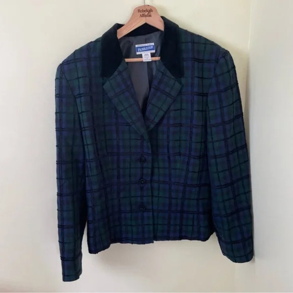 Vintage Pendleton Plaid Wool Blend Blazer in Blue and Green Size 18 - Picture 5 of 9